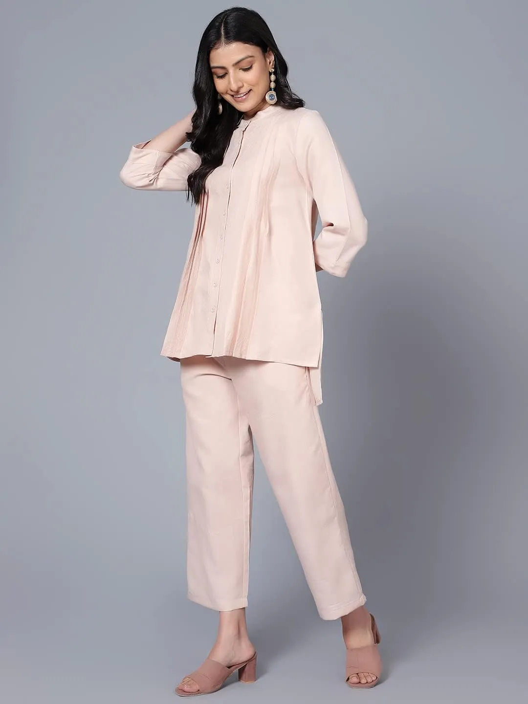 2 Piece Summer Outfits, Co-ord Set with Pant & Tunic Top, Mandarin Neck, 3/4 Sleeves Indian Co-ord Set