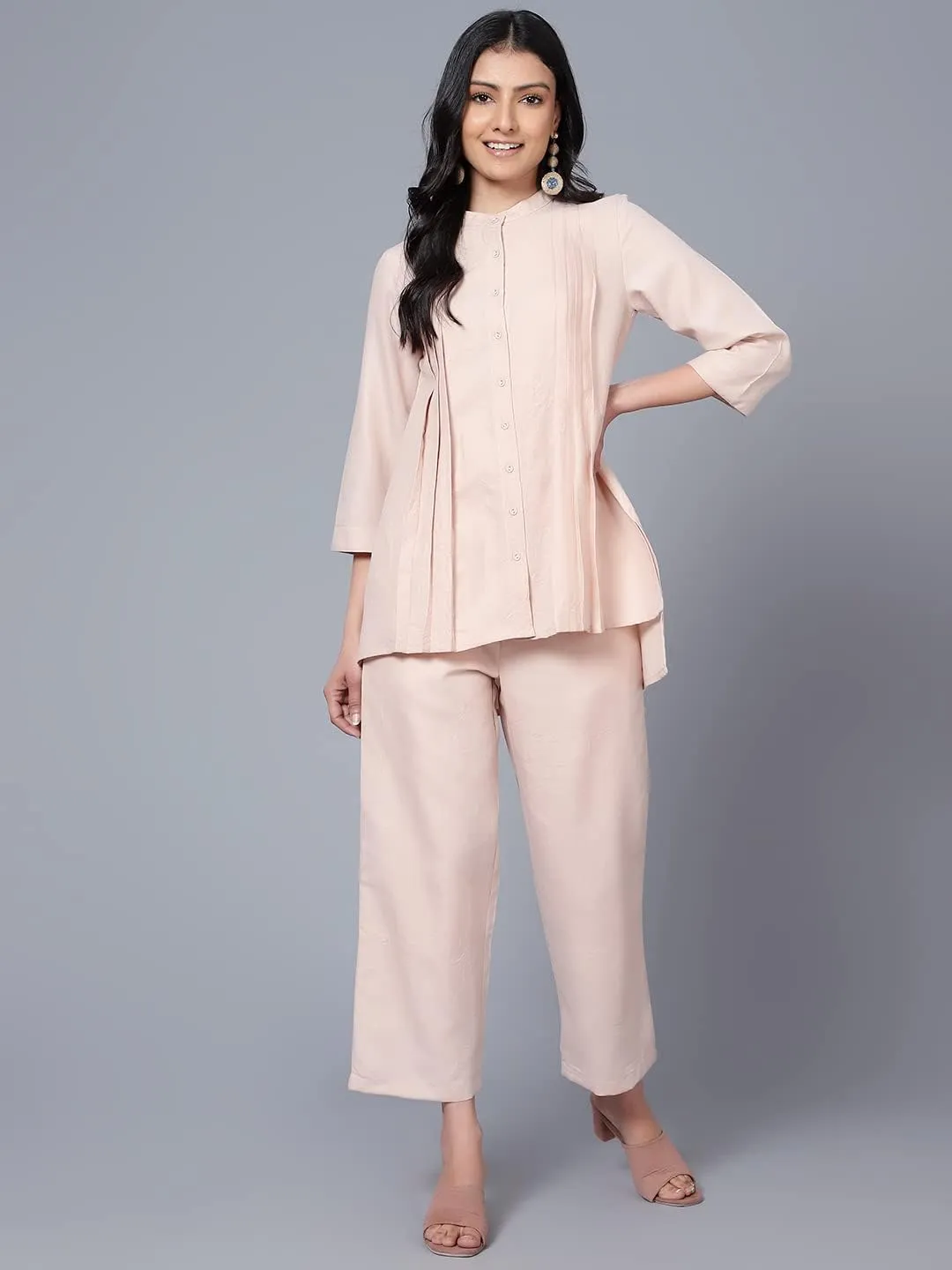 2 Piece Summer Outfits, Co-ord Set with Pant & Tunic Top, Mandarin Neck, 3/4 Sleeves Indian Co-ord Set