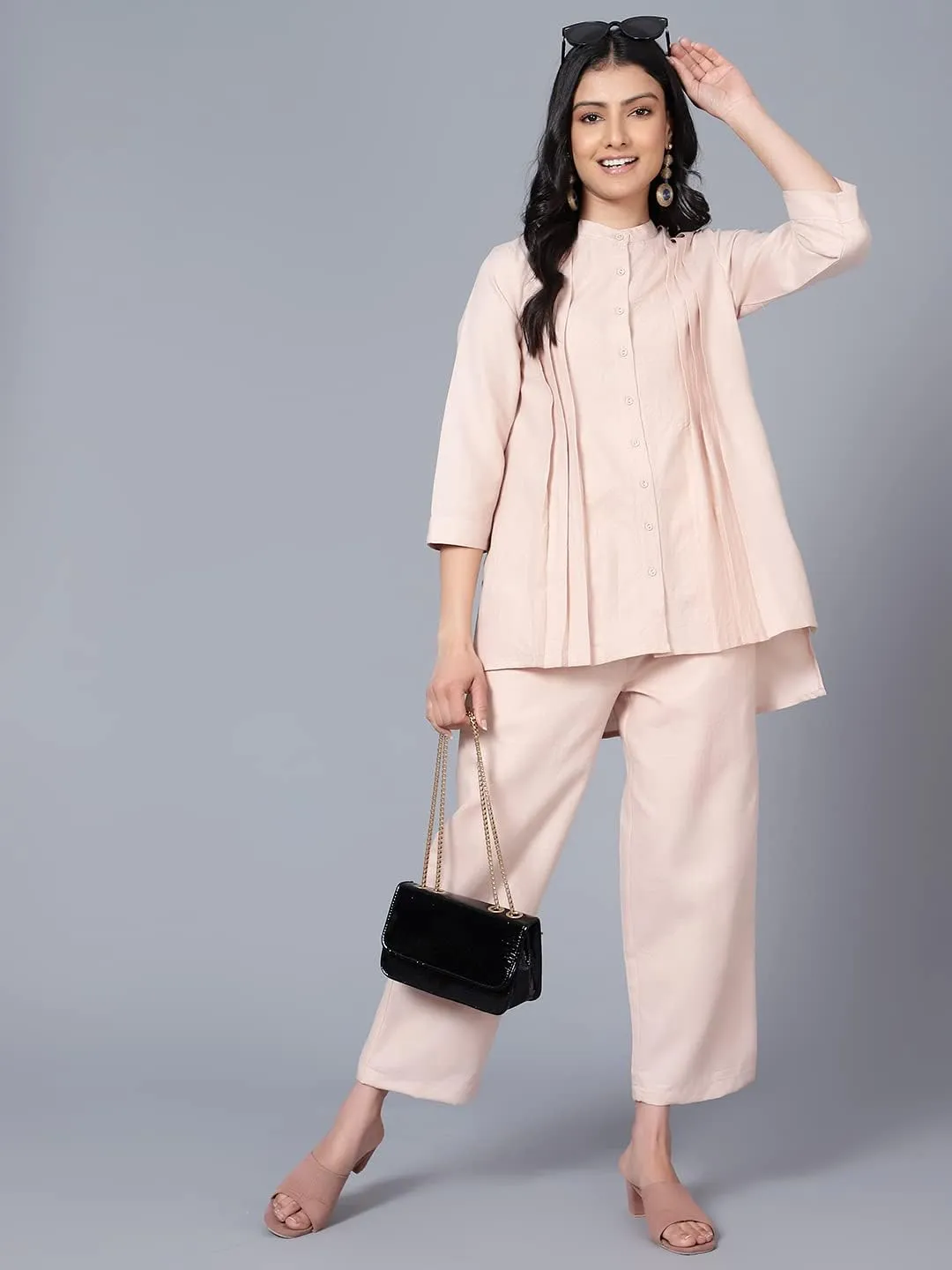 2 Piece Summer Outfits, Co-ord Set with Pant & Tunic Top, Mandarin Neck, 3/4 Sleeves Indian Co-ord Set