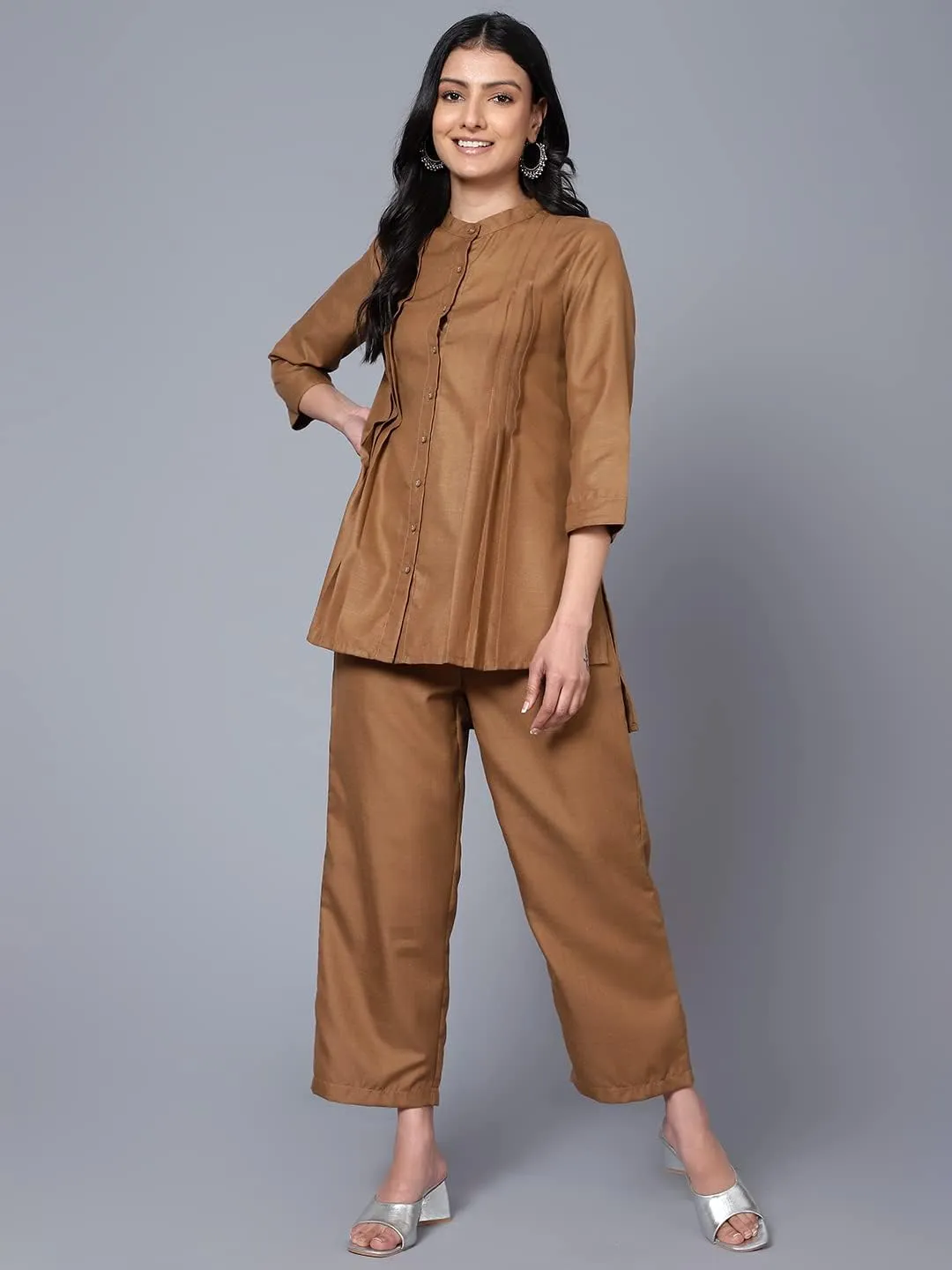 2 Piece Summer Outfits, Co-ord Set with Pant & Tunic Top, Mandarin Neck, 3/4 Sleeves Indian Co-ord Set