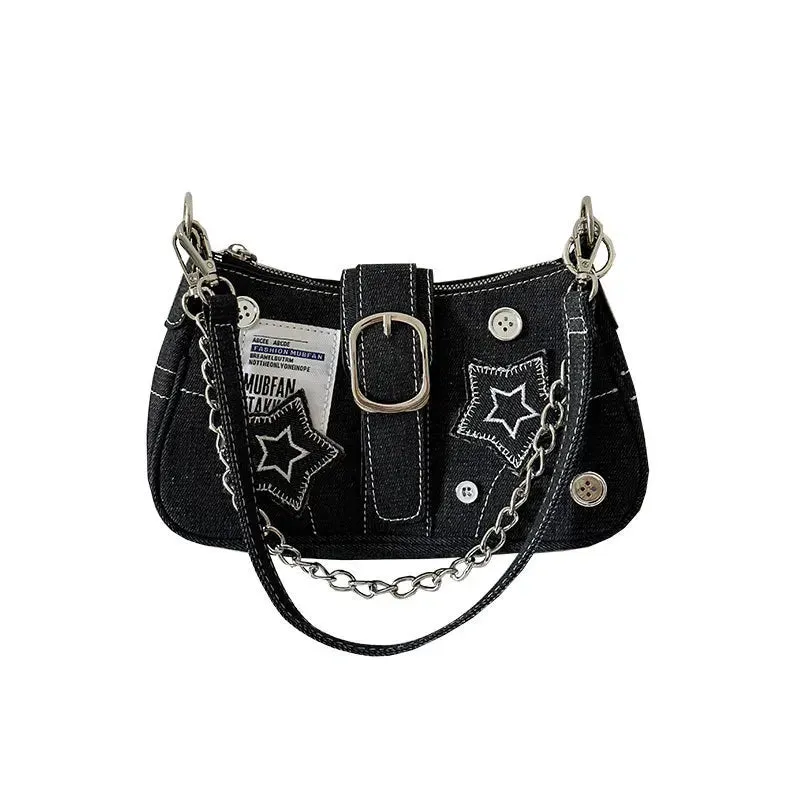 2024 Fashion Denim Canvas Shoulder Bag - Women’s Star Embroidery Y2K Hobo Bag with Zipper and Chain