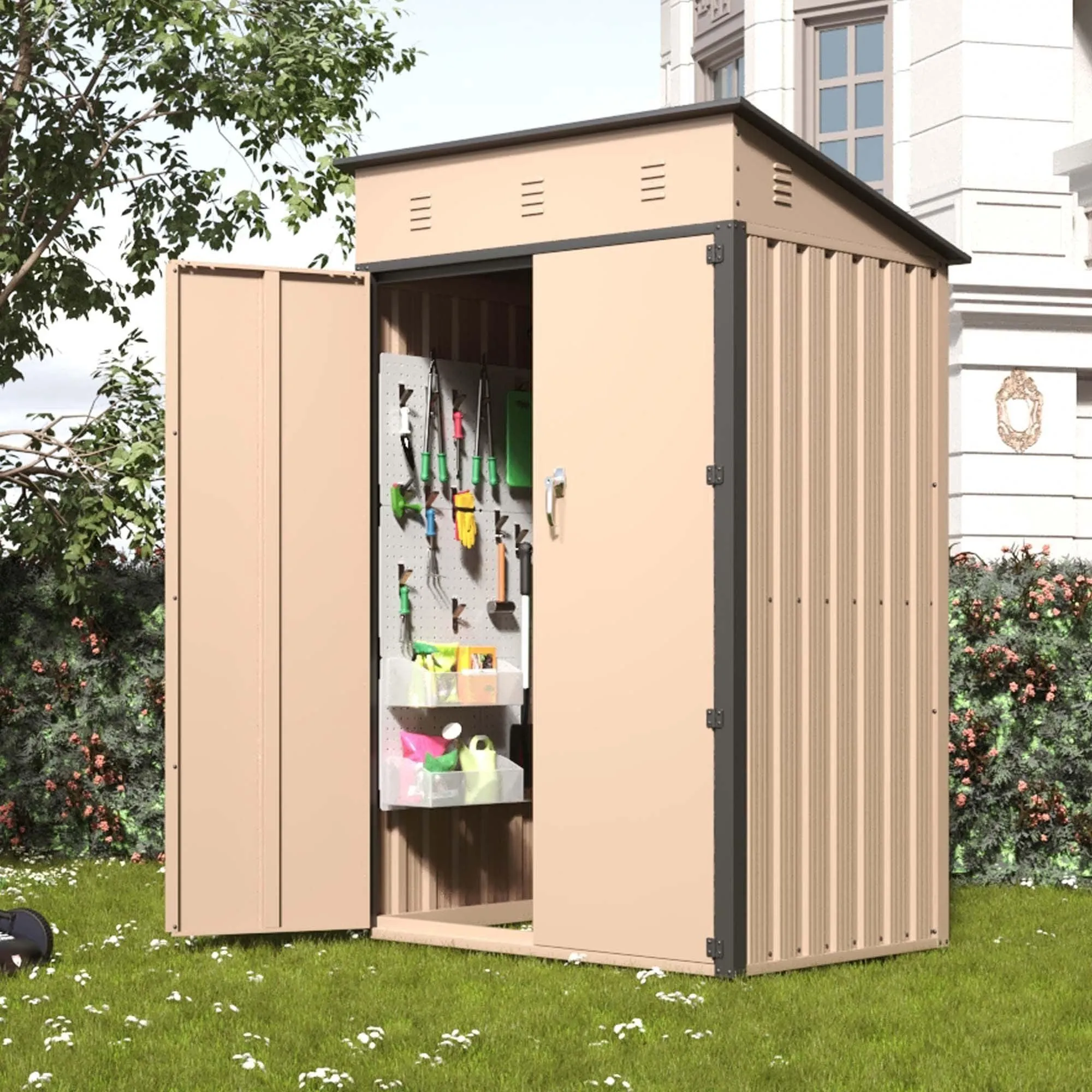 6x4x3 FT Outdoor Storage Shed, Steel Metal Lockable Garden Shed, Tiny House, Utility Shed, Lean-to Shed & Outdoor Storage