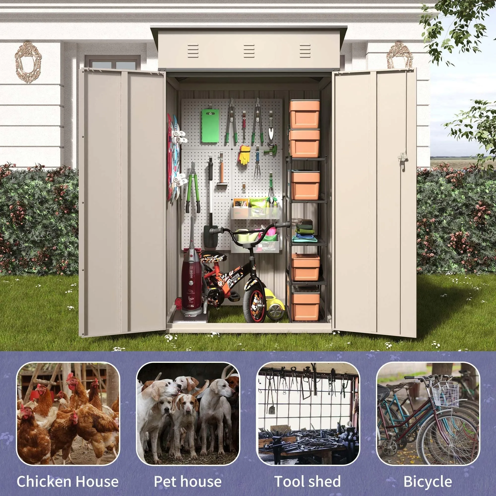 6x4x3 FT Outdoor Storage Shed, Steel Metal Lockable Garden Shed, Tiny House, Utility Shed, Lean-to Shed & Outdoor Storage
