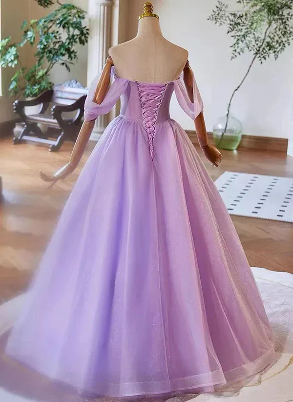 A-Line Princess Tulle Light Purple Sweethart Lace Applique Party Dress Prom Dress