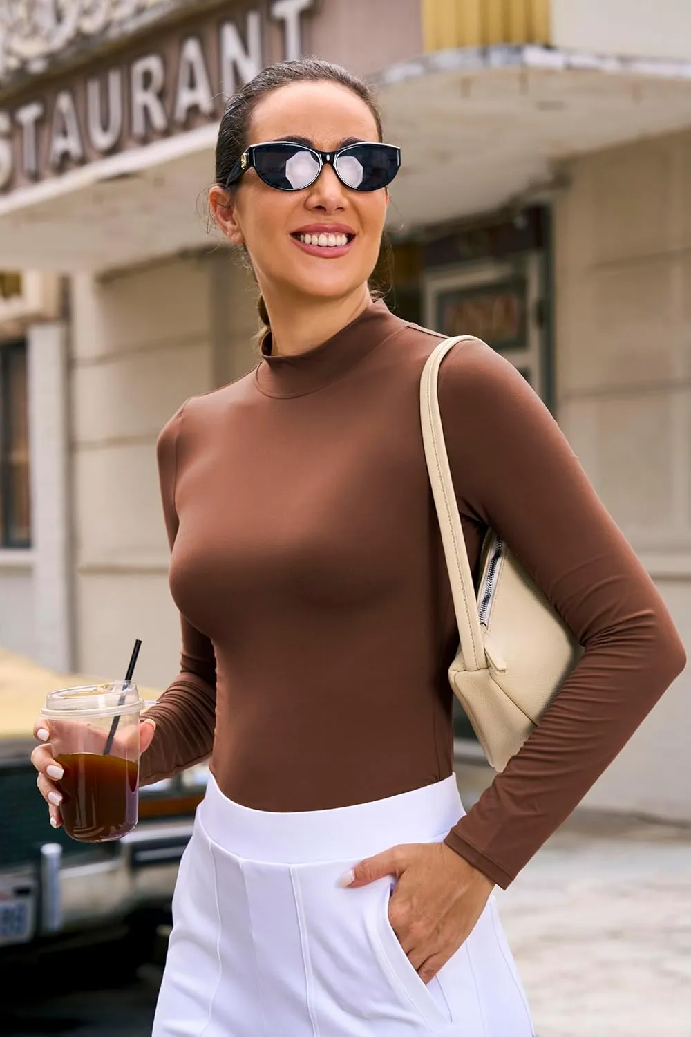 AFITNE Long Sleeve Shirts for Women Mock Neck Slim Fit Stretchy Casual T-Shirts Going Out Tops Basic Outfits