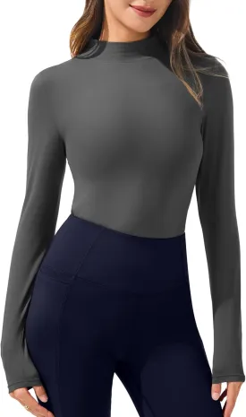 AFITNE Long Sleeve Shirts for Women Mock Neck Slim Fit Stretchy Casual T-Shirts Going Out Tops Basic Outfits
