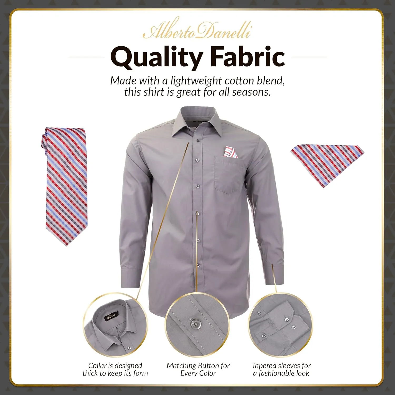 Alberto Danelli Mens Dress Shirt and Tie Set, Dress Shirts for Men, Long Sleeve Button Down, Big and Tall Sizes Up to 5XL
