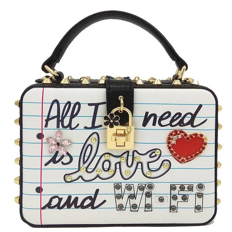 All I Need Is Love and Wi-Fi Faux Crocodile Skin Handbag Kawaii Harajuku Cute Pearl Studs Graffiti Queen Heart