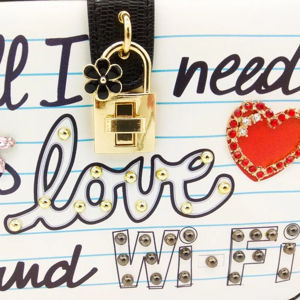 All I Need Is Love and Wi-Fi Faux Crocodile Skin Handbag Kawaii Harajuku Cute Pearl Studs Graffiti Queen Heart
