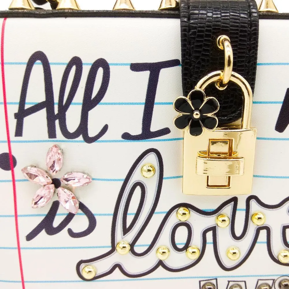 All I Need Is Love and Wi-Fi Faux Crocodile Skin Handbag Kawaii Harajuku Cute Pearl Studs Graffiti Queen Heart