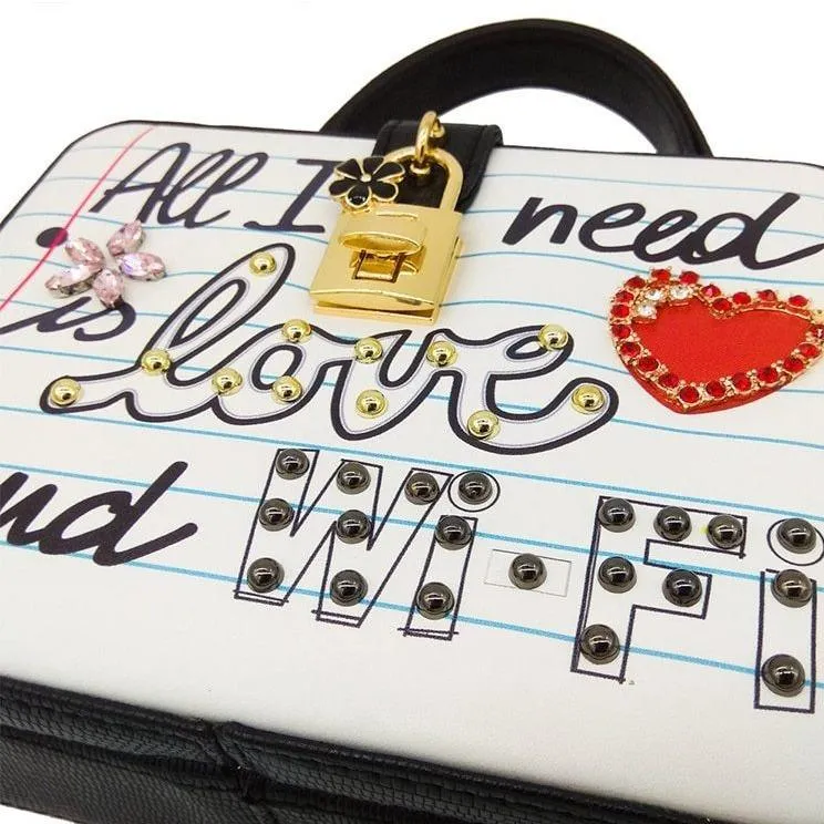 All I Need Is Love and Wi-Fi Faux Crocodile Skin Handbag Kawaii Harajuku Cute Pearl Studs Graffiti Queen Heart