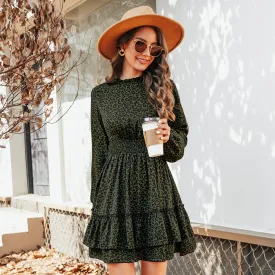Amy Fashion - Dark Green Leopard Tiered Flounce Mini Dress
