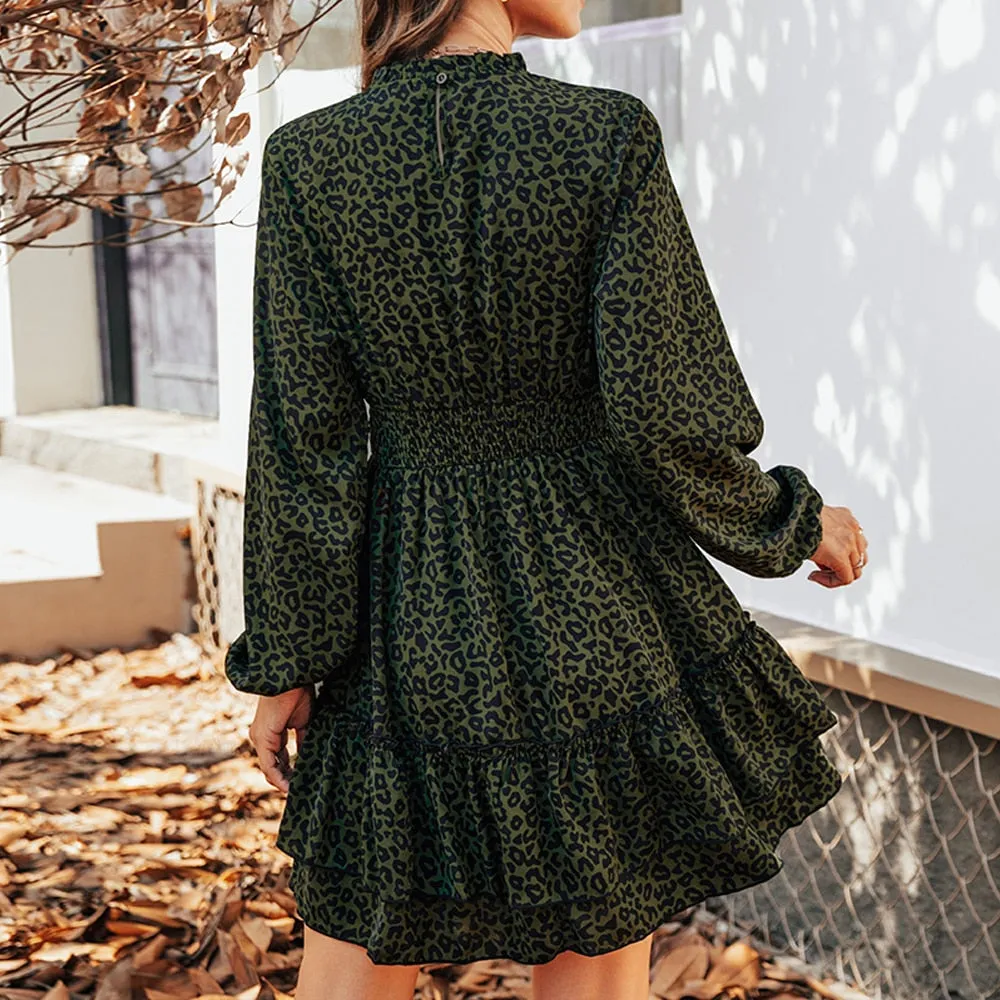 Amy Fashion - Dark Green Leopard Tiered Flounce Mini Dress
