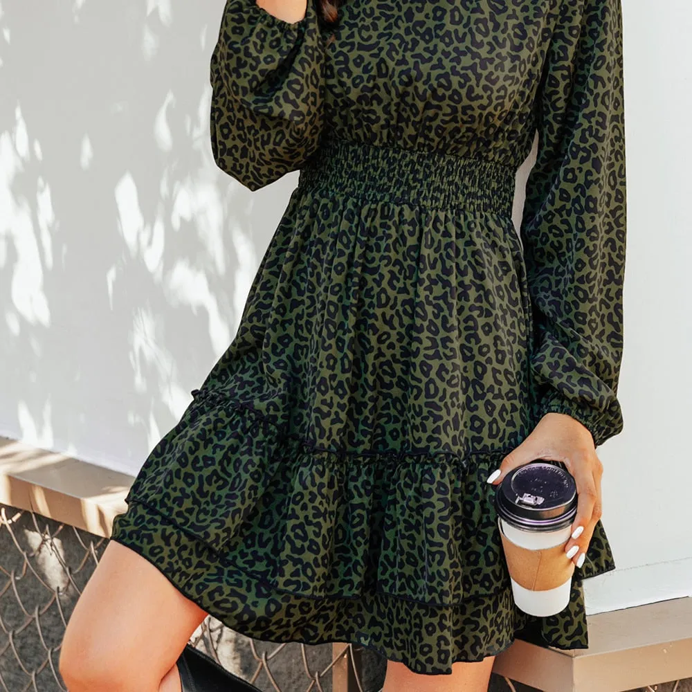 Amy Fashion - Dark Green Leopard Tiered Flounce Mini Dress
