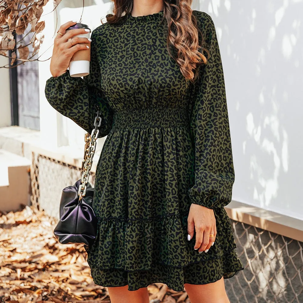 Amy Fashion - Dark Green Leopard Tiered Flounce Mini Dress