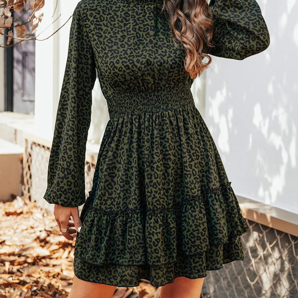 Amy Fashion - Dark Green Leopard Tiered Flounce Mini Dress