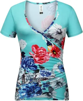 Beauhuty Women's Deep V Neck Short Sleeve Front Wrap Ruched Sexy Slim Fit Tops