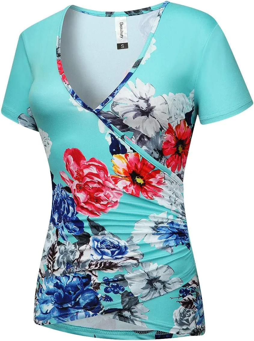 Beauhuty Women's Deep V Neck Short Sleeve Front Wrap Ruched Sexy Slim Fit Tops