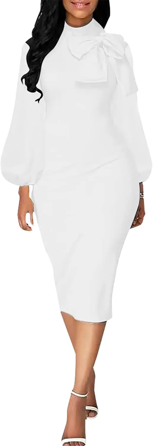 BestGirl Women's Bishop Sleeve Bodycon Dresses Work Casual Floral Print Pencil Midi Dresses