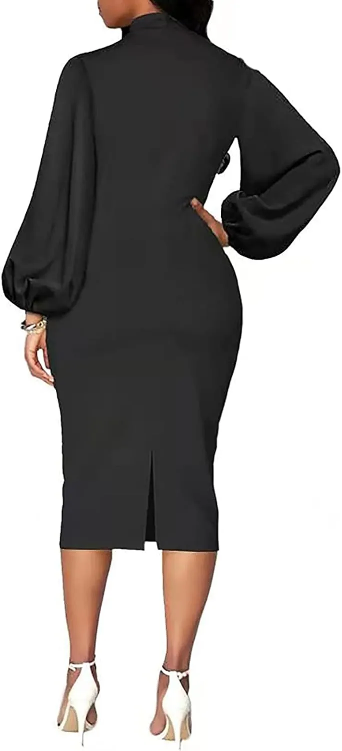 BestGirl Women's Bishop Sleeve Bodycon Dresses Work Casual Floral Print Pencil Midi Dresses