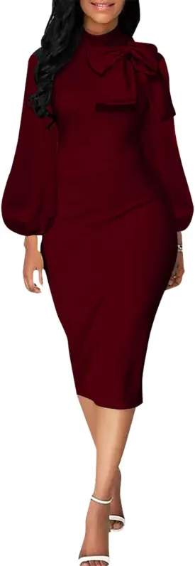 BestGirl Women's Bishop Sleeve Bodycon Dresses Work Casual Floral Print Pencil Midi Dresses