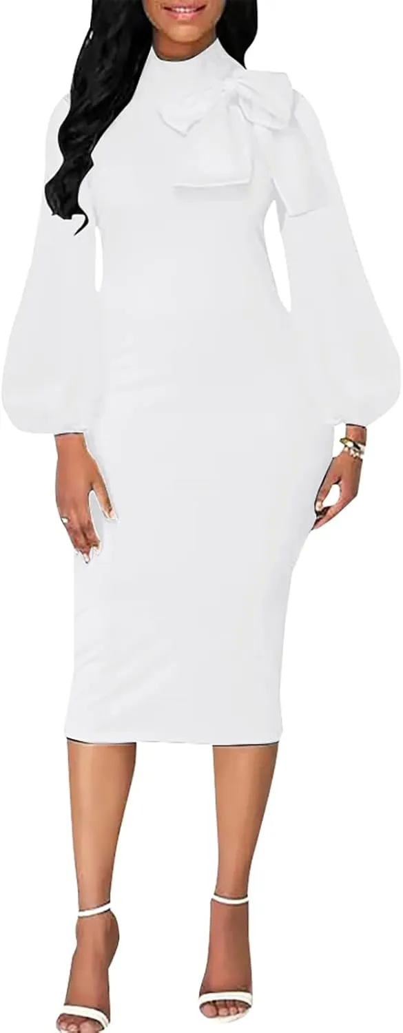 BestGirl Women's Bishop Sleeve Bodycon Dresses Work Casual Floral Print Pencil Midi Dresses
