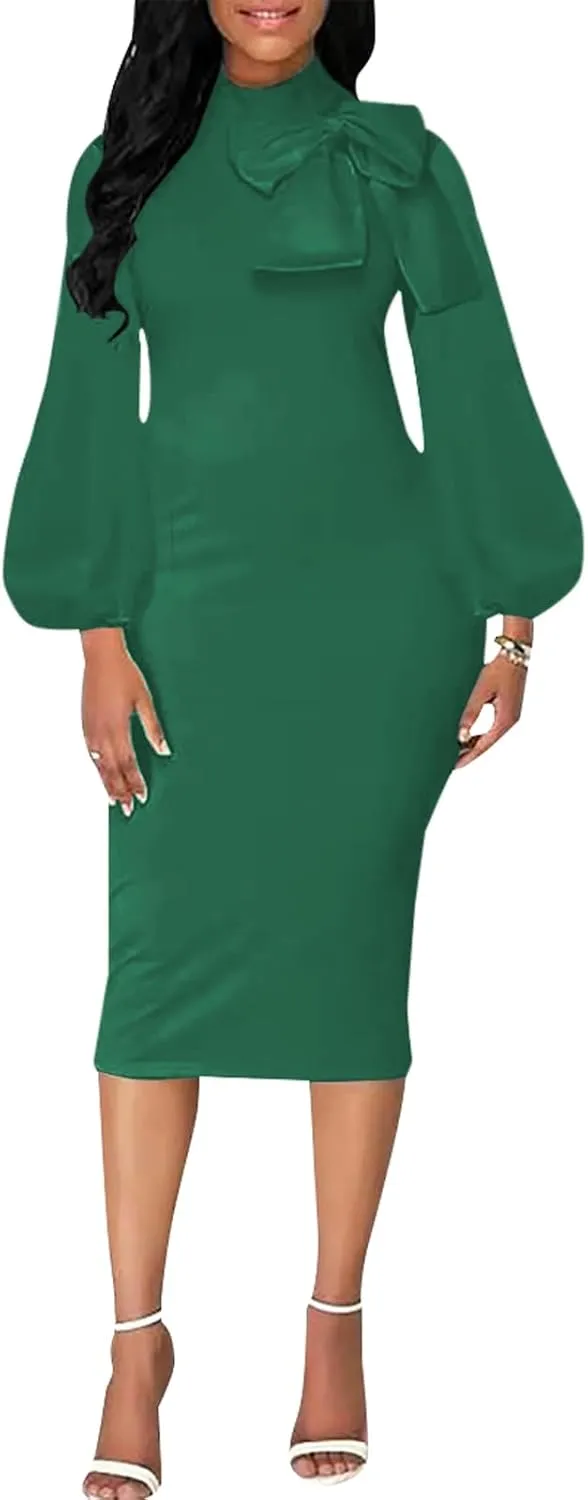 BestGirl Women's Bishop Sleeve Bodycon Dresses Work Casual Floral Print Pencil Midi Dresses