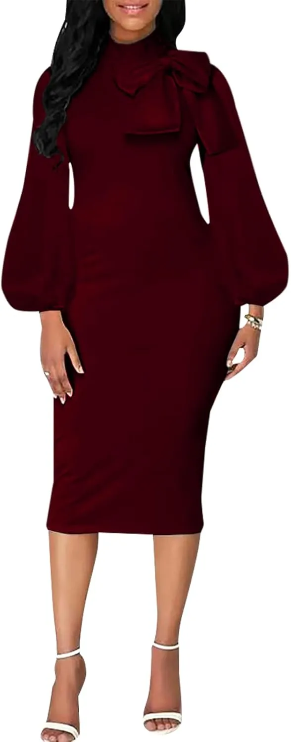 BestGirl Women's Bishop Sleeve Bodycon Dresses Work Casual Floral Print Pencil Midi Dresses