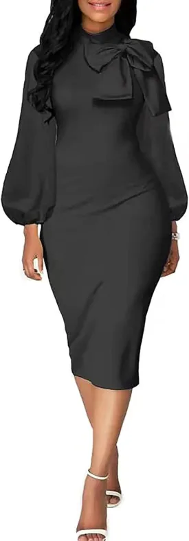 BestGirl Women's Bishop Sleeve Bodycon Dresses Work Casual Floral Print Pencil Midi Dresses