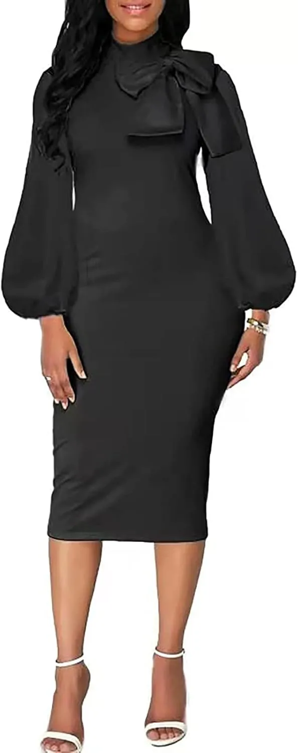 BestGirl Women's Bishop Sleeve Bodycon Dresses Work Casual Floral Print Pencil Midi Dresses