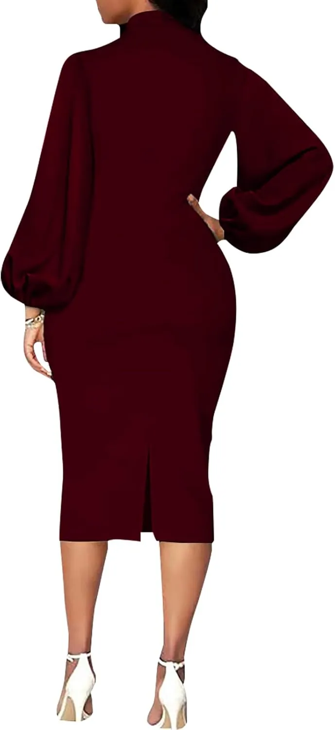 BestGirl Women's Bishop Sleeve Bodycon Dresses Work Casual Floral Print Pencil Midi Dresses