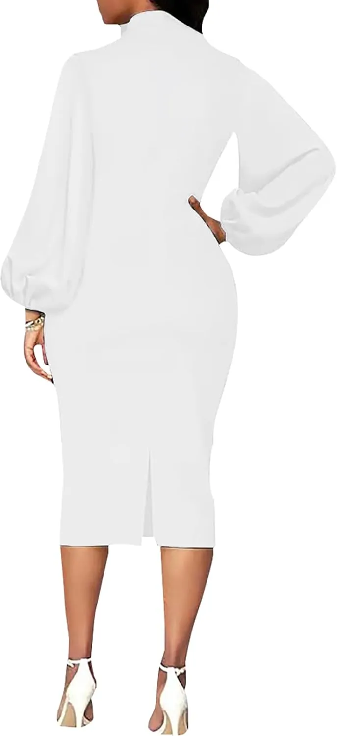 BestGirl Women's Bishop Sleeve Bodycon Dresses Work Casual Floral Print Pencil Midi Dresses