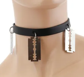 Black Leather Collar w/ Silver Razorblades