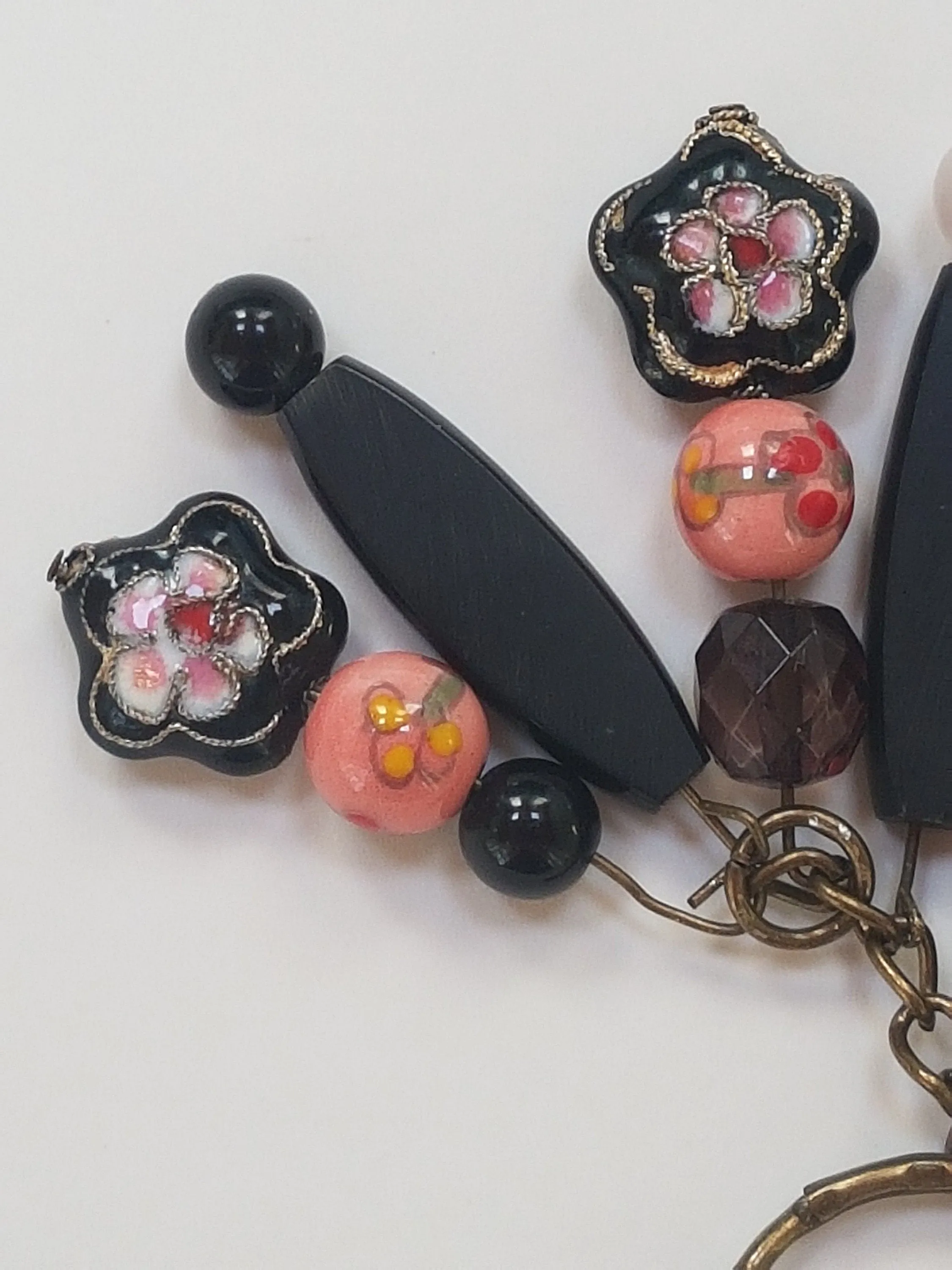 Black Pink Floral Beads Keychain Bag Charm