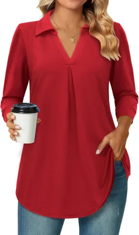 Bulotus Women's 3/4 Sleeve Tunic Shirts Business Casual Blouses V Neck Work Tops