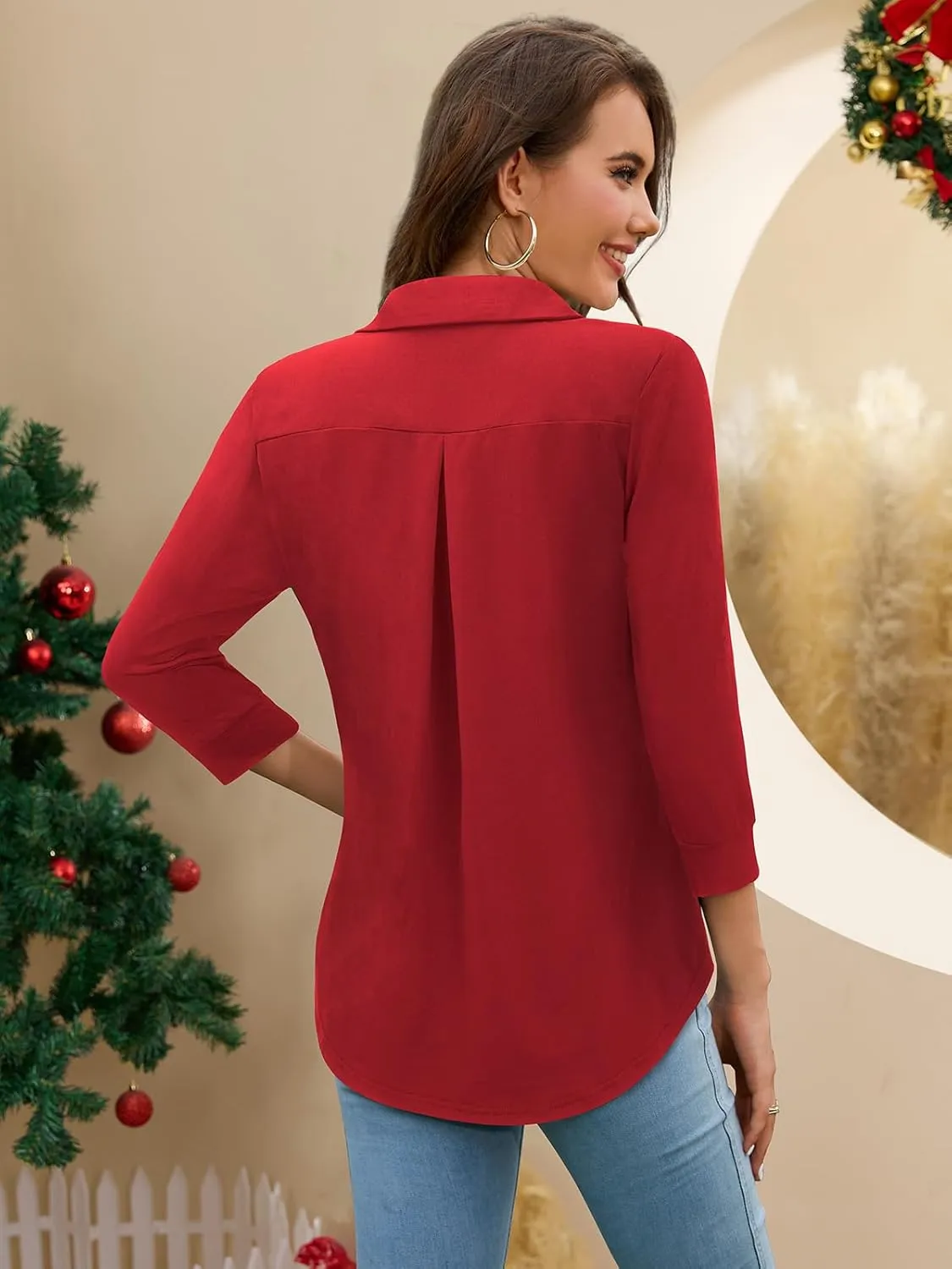 Bulotus Women's 3/4 Sleeve Tunic Shirts Business Casual Blouses V Neck Work Tops