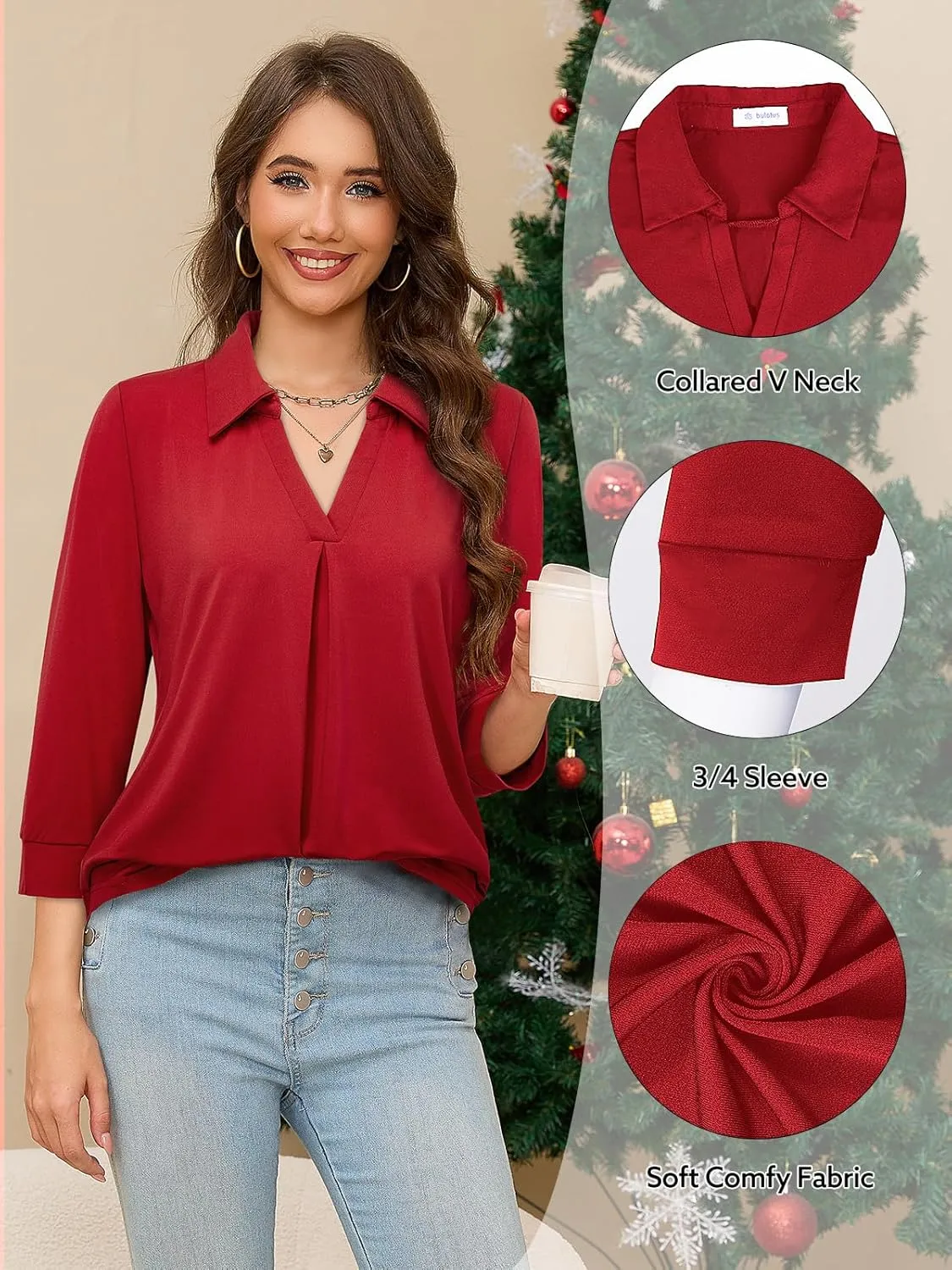 Bulotus Women's 3/4 Sleeve Tunic Shirts Business Casual Blouses V Neck Work Tops