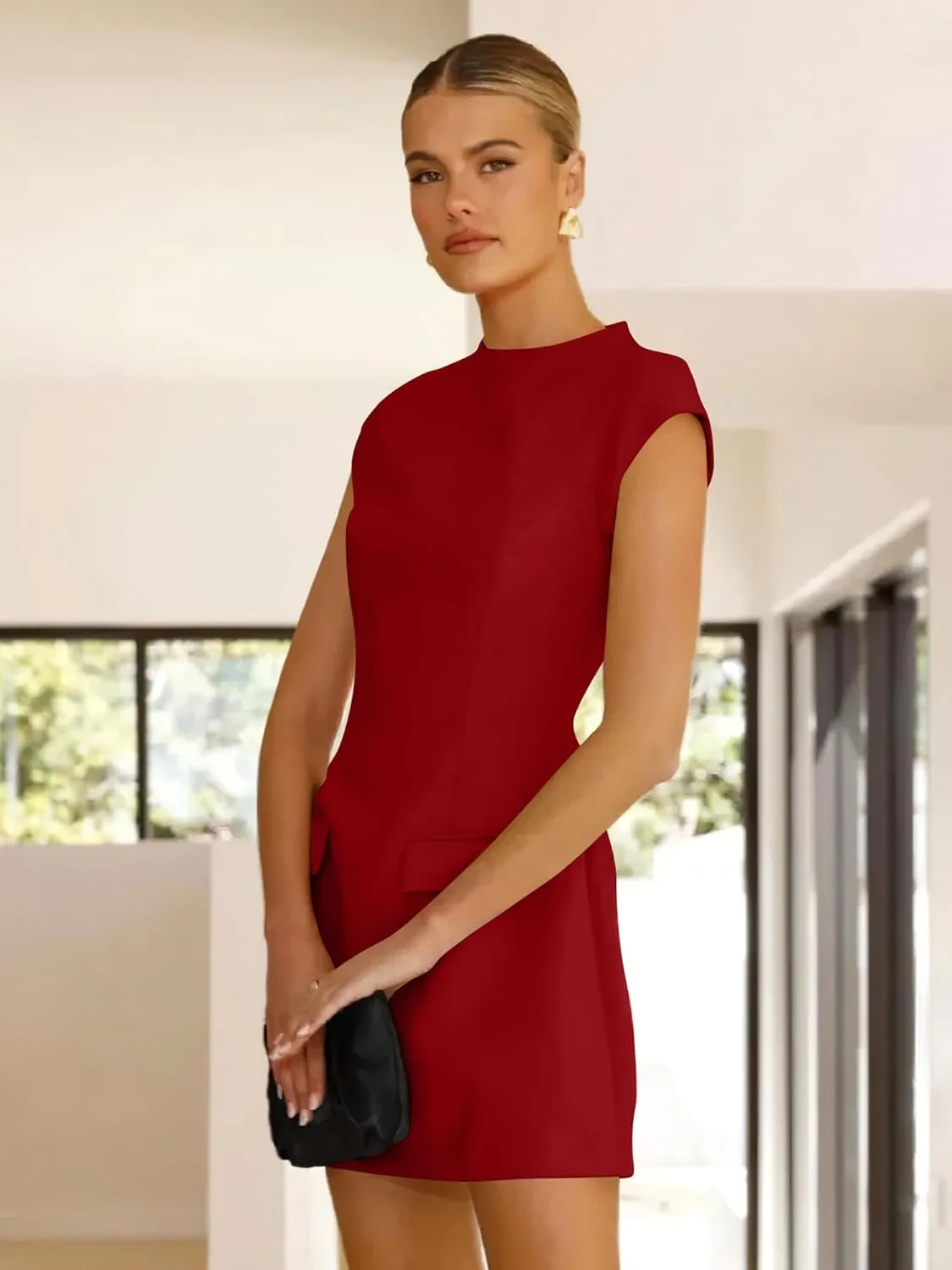 DAAWENXI Women's Sexy Mock Neck Cap Sleeve Mini Dress Summer Bodycon Club Party Dresses