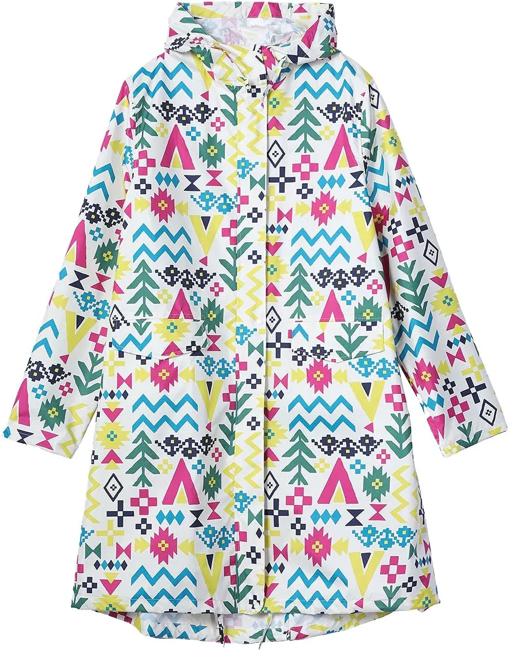 Freesmily Womens Stylish Long Raincoat Rain Jacket with Hood Zipper Button and Pockets Muti Colors Polka Dots