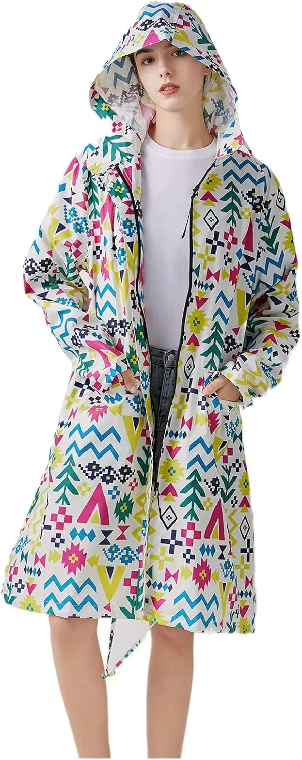 Freesmily Womens Stylish Long Raincoat Rain Jacket with Hood Zipper Button and Pockets Muti Colors Polka Dots