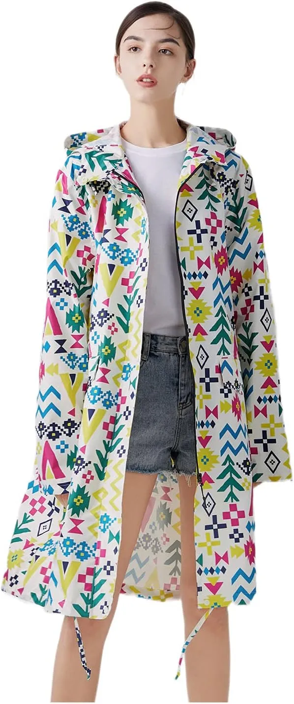 Freesmily Womens Stylish Long Raincoat Rain Jacket with Hood Zipper Button and Pockets Muti Colors Polka Dots