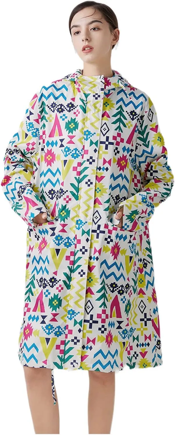 Freesmily Womens Stylish Long Raincoat Rain Jacket with Hood Zipper Button and Pockets Muti Colors Polka Dots