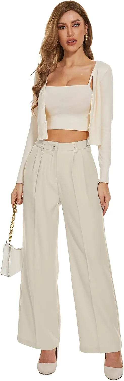 FUNYYZO Wide Leg Pants Women's High Elastic Waisted in The Back Business Work Trousers Long Straight Suit Pants