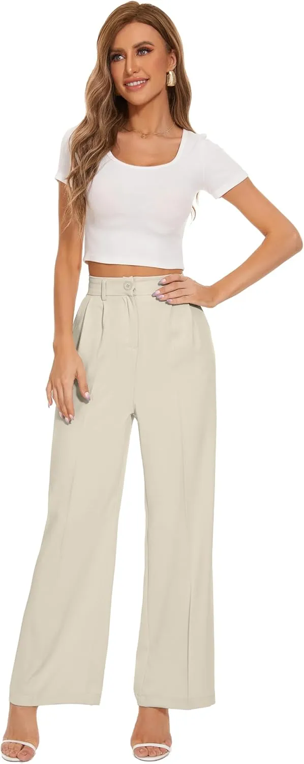 FUNYYZO Wide Leg Pants Women's High Elastic Waisted in The Back Business Work Trousers Long Straight Suit Pants