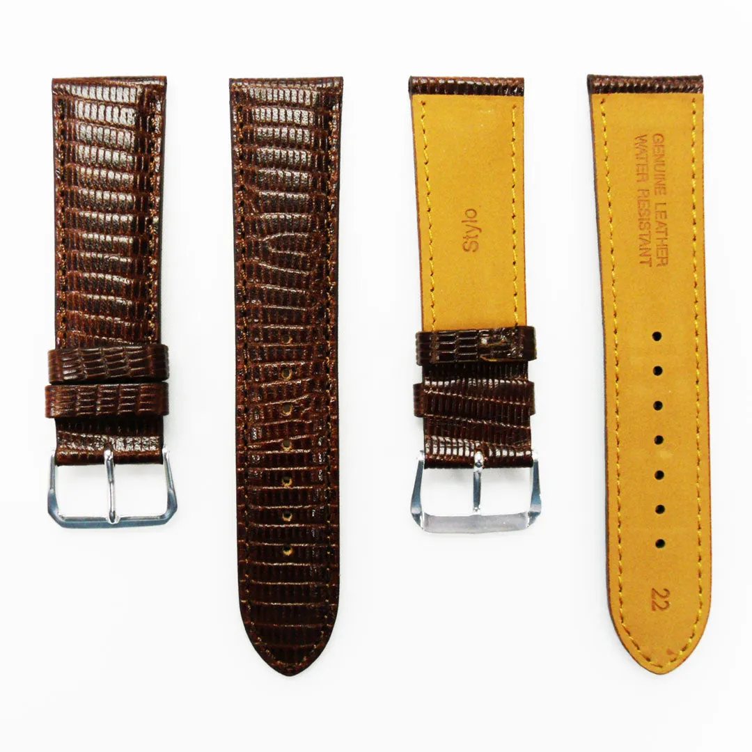 ,Genuine Leather Watch Strap Band Lizard Grain 22MM Brown Stitched,Padded