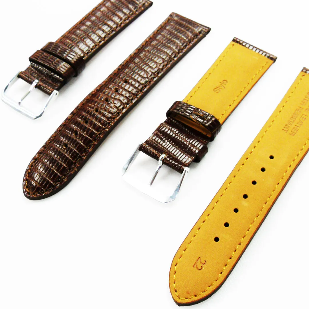 ,Genuine Leather Watch Strap Band Lizard Grain 22MM Brown Stitched,Padded