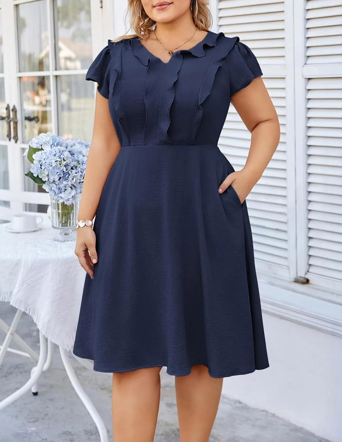 Hanna Nikole Women Plus Size Flounce Sleeve A-Line Casual Midi Dress with Pockets Elastic Empire Waist Flowy Dresses