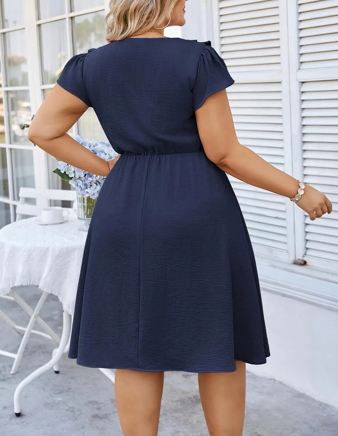 Hanna Nikole Women Plus Size Flounce Sleeve A-Line Casual Midi Dress with Pockets Elastic Empire Waist Flowy Dresses