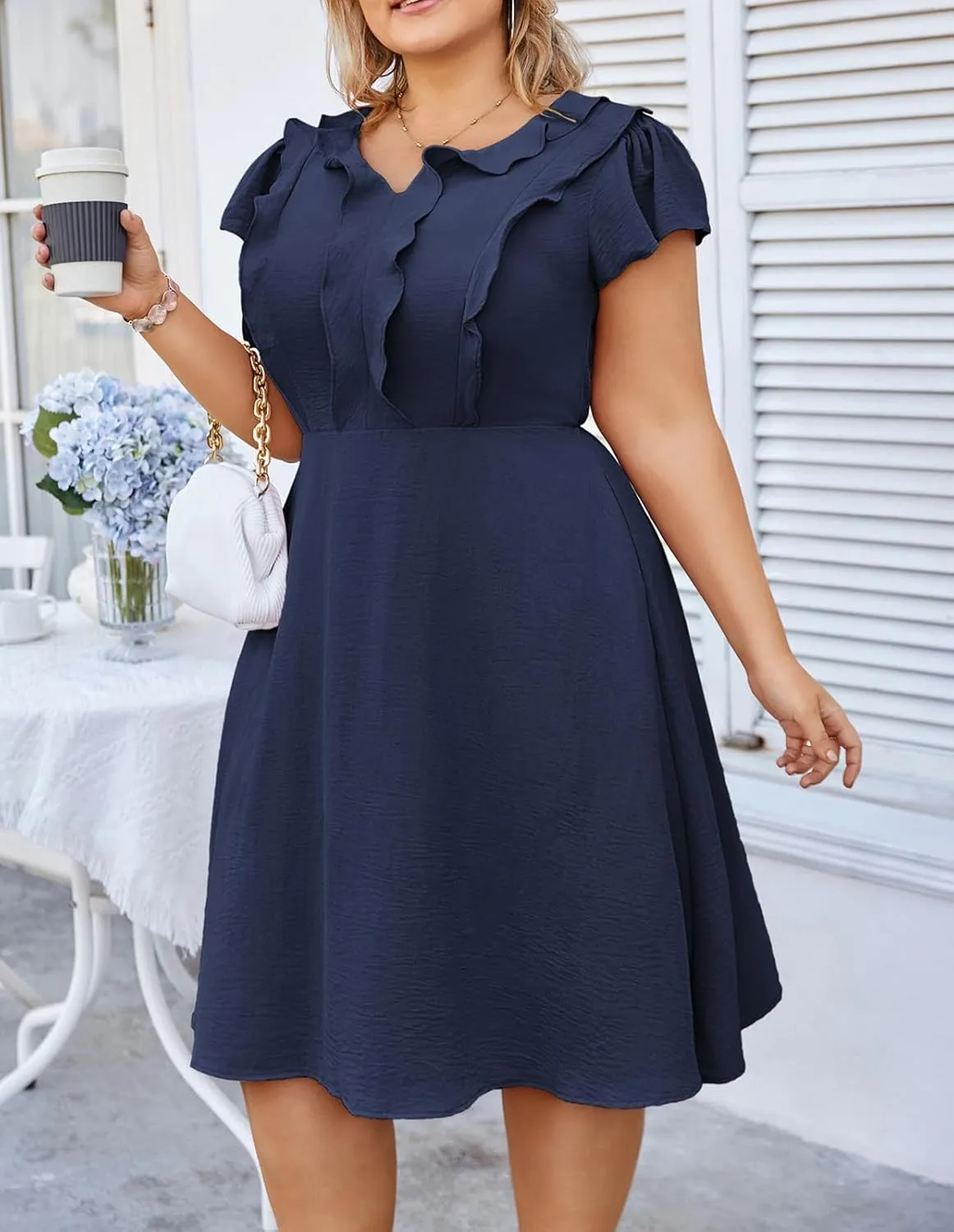 Hanna Nikole Women Plus Size Flounce Sleeve A-Line Casual Midi Dress with Pockets Elastic Empire Waist Flowy Dresses