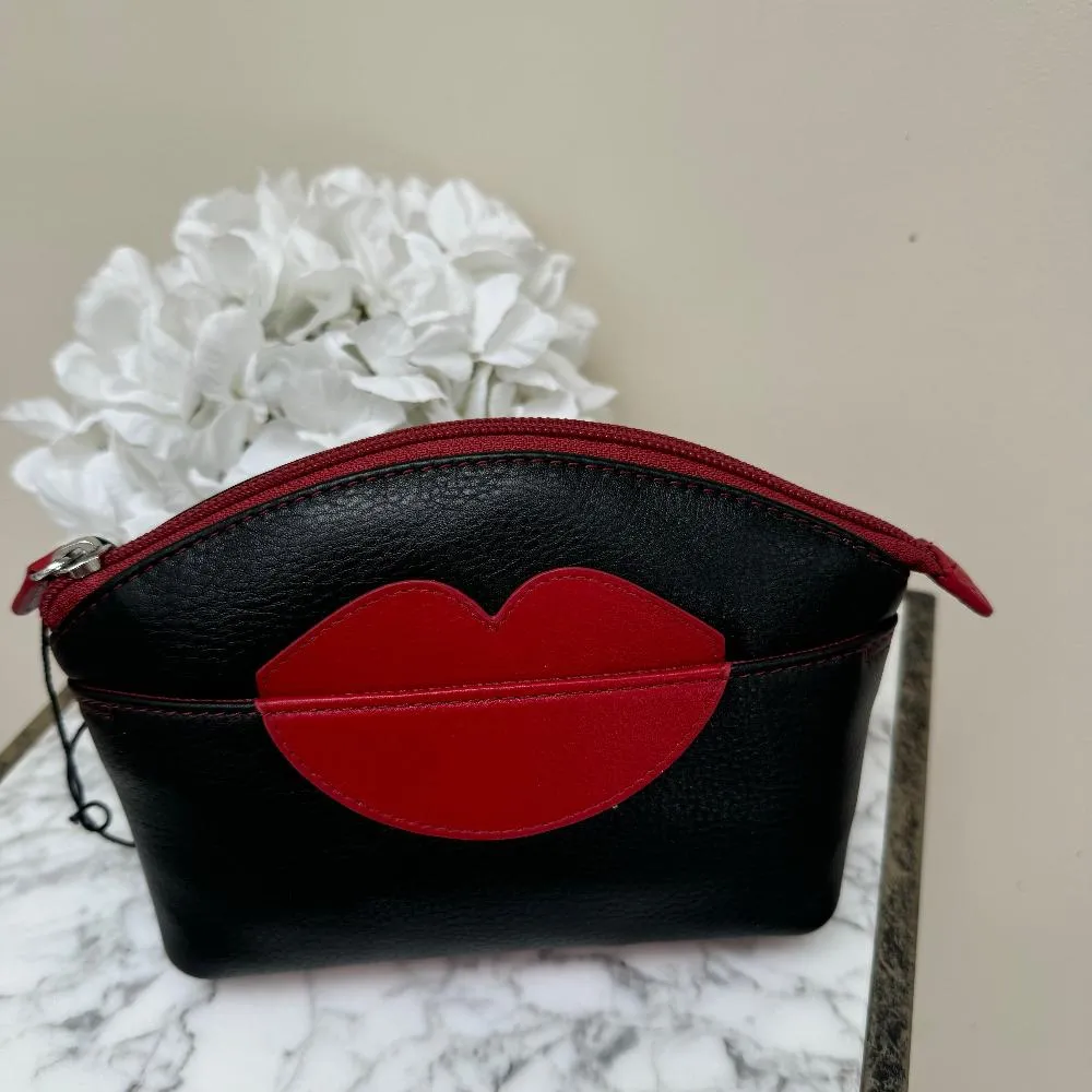 Leather Cosmetic Pouch with Lips Detail